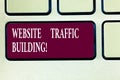 Text sign showing Website Traffic Building. Conceptual photo cookies allow marketers to follow web users Keyboard key