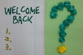 Text sign showing Welcome Back. Conceptual photo Warm Greetings Arrived Repeat Gladly Accepted Pleased Notebook paper crumpled pap