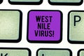 Text sign showing West Nile Virus. Conceptual photo Viral infection cause typically spread by mosquitoes Keyboard key