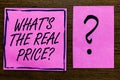Text sign showing What s is The Real Price question. Conceptual photo Give actual value of property or business Violet color black