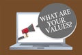 Text sign showing What Are Your Values question. Conceptual photo asking someone about his good qualities Laptop desktop speaker a