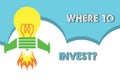 Text sign showing Where To Invest question. Conceptual photo asking about actions or process of making more money Top