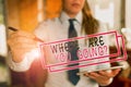 Text sign showing Where Are You Going Question. Conceptual photo asking someone where he is heading to Blurred woman in Royalty Free Stock Photo