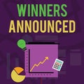 Text sign showing Winners Announced. Conceptual photo Announcing who won the contest or any competition Investment Icons