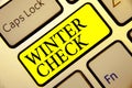 Text sign showing Winter Check. Conceptual photo Coldest Season Maintenance Preparedness Snow Shovel Hiemal Keyboard yellow key In