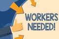 Text sign showing Workers Needed. Conceptual photo Someone who is employed by agency work another company Hand Gesturing