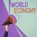 Text sign showing World Economy. Conceptual photo Global Worldwide International markets trade money exchange Hu analysis Hand
