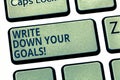 Text sign showing Write Down Your Goals. Conceptual photo Make a list of your objective to stay motivated Keyboard key Royalty Free Stock Photo