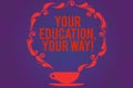 Text sign showing Your Education Your Way. Conceptual photo Educational background knowledge gives direction Cup and