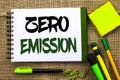 Text sign showing Zero Emission. Conceptual photo Engine Motor Energy Source that emits no waste products written on Notebook Book Royalty Free Stock Photo