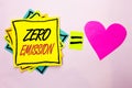 Text sign showing Zero Emission. Conceptual photo Engine Motor Energy Source that emits no waste products written on Yellow Sticky Royalty Free Stock Photo