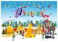 Text Songkran - Festival Banner - Thai New Year`s Day - people, Water gun,Droplet,Water,Flower,Colorful flags, Building in the cit Royalty Free Stock Photo