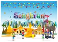 Text Songkran - Festival Banner - Thai New Year`s Day - people, Water gun,Droplet,Water,Flower,Colorful flags, Building in the cit Royalty Free Stock Photo