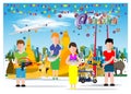 Text Songkran - Festival Banner - Thai New Year`s Day - people, Water gun,Droplet,Water,Flower,Colorful flags, Building in the cit Royalty Free Stock Photo