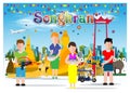 Text Songkran - Festival Banner - Thai New Year`s Day - people, Water gun,Droplet,Water,Flower,Colorful flags, Building in the cit Royalty Free Stock Photo