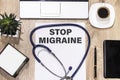 Text Stop Migraine in a notebook on medical forms