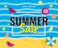 Text Summer Sale. summer beach with fruit. Bright Sale banner