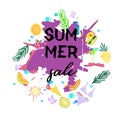 Text Summer sale, discount banners.Juicy pineapple, citrus with grunge elements, ink drops, tropical plants, abstract background