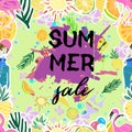 Text Summer sale, discount banners.Juicy pineapple, citrus with grunge elements, ink drops, tropical plants, abstract background