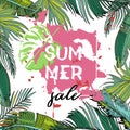 Text Summer sale, discount banners.Juicy pineapple, citrus with grunge elements, ink drops, tropical plants, abstract background