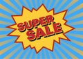 text SUPER SALE in comic splash bubble on blue and yellow sunburst background Royalty Free Stock Photo