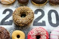 Text 2020 surrounded by colorful donuts on a black background vintage, new year concept.