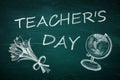 Text Teacher`s Day and drawings on chalkboard. Greeting card design