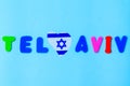 Text : Tel Aviv with flag Israel Magen David Star heat shape on blue background.