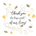 Text Thank you for being a part of our leaves sweet with bee, honey. Cute card design Adorable Bumble Bee Birthday Party