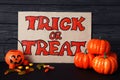 Text Trick or Treat with halloween pumpkins Royalty Free Stock Photo