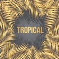 Text Tropical on a background of golden palm leaves.