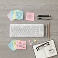 Text two pens a pencil a notebook with a coffee cup sketch and a Royalty Free Stock Photo