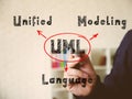 Text UML Unified Modeling Language on Concept photo. Hand holding marker for writing isolated on background