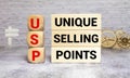 text UNIQUE SELLING POINTS - USP on wooden block Royalty Free Stock Photo