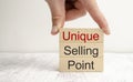 text UNIQUE SELLING POINTS - USP on wooden block Royalty Free Stock Photo