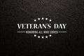 Text Veterans Day Honoring All Who Served on black textured background. American holiday typography poster.