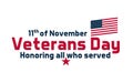 Text for Veterans Day, USA celebration. Vector design with text 11th of November, Veterans Day Honoring all who served