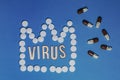 Text Virus. White tablets lined in shape of crown symbolizing Novel Coronavirus outbreak concept. 2019-nCoV virus