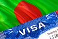 text VISA on Bangladesh visa stamp in passport. passport traveling abroad concept. Travel to Bangladesh concept - selective focus,