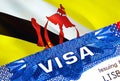 text VISA on Brunei visa stamp in passport. passport traveling abroad concept. Travel to Brunei concept - selective focus,3D