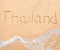 The word Thailand written in the sand on beach