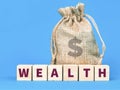 Text wealth written on wooden cubes with sack of money against blue background.