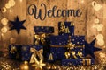 Text Welcome, Blue Christmas Gifts, Wooden Winter Decor