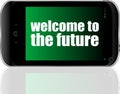 Text Welcome to the future. Business concept . Detailed modern smartphone