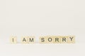 Text wooden blocks spelling the word I am sorry on white background Royalty Free Stock Photo