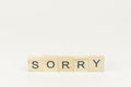 Text wooden blocks spelling the word sorry on white background Royalty Free Stock Photo