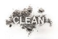 The text word clean written in dirt, filth, dust as hygiene, trash, garbage, dirty, mess, messy, service concept background