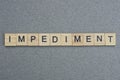 Text the word impediment from brown wooden small letters