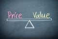 Text word price and value balance on seesaw drawing writing on chalkboard or blackboard background. Concept of price and value Royalty Free Stock Photo