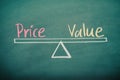 Text word price and value balance on seesaw drawing writing on chalkboard or blackboard background. Concept of price and value Royalty Free Stock Photo